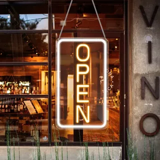 LightingWill Open Neon Schild, Open Schild LED mit 12V Ein/Aus Adapter, Open Leuchtreklamen für Business Light Up Sign für Bar, Salon, Store, Cafe, Shop, Club, Gelb/Weiß, Vertikal