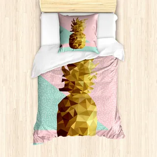 ABAKUHAUS Indie Mantele, Poly Ananas Sommer, Milbensicher Allergiker geeignet mit Kissenbezügen, 135 cm x 200 cm - 80 x 80 cm, Mint Green Pale Brown
