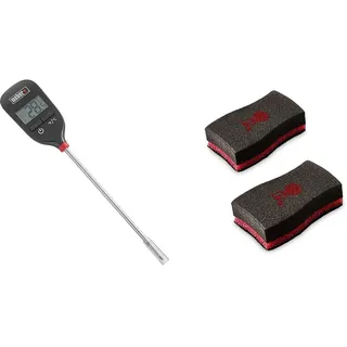 Weber 6750 Digitales Taschenthermometer, Grillthermometer mit Sofortanzige, 3.2 x 10.8 x 5.0 cm & 17688 Reinigungsschwamm, 2 Stück, 25.0 x 6.0 x 9.0 cm