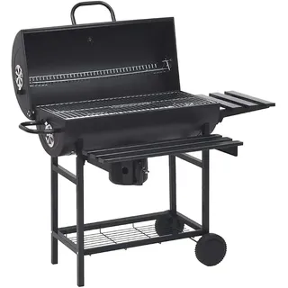 Grillwagen mit Rädern und Ablagen, schwarzer Stahl Holzkohlegrill 115x85x95 cm mit Warmhalterost und klappbarer Seitenablage für Garten, Balkon, Terrasse, Camping