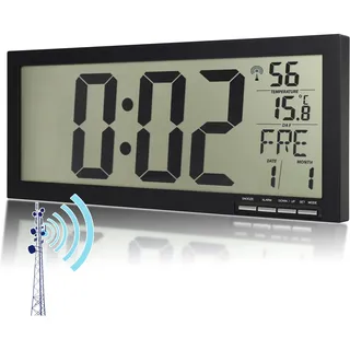 Crosstime Große Digital Wanduhr für Senioren – Funkuhr mit Datum, Wochentag & Temperatur, Leicht Ablesbar, Schwarz, 37 x 16 cm
