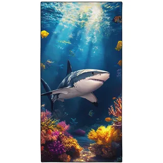 YISUMEI Mikrofaser Strandtuch XXL, Unterwasser Meeresszene mit Hai, Korallen und Tropischen Fischen, Digitaldruck, Maritimes Design, Weich und Schnelltrocknend, für Strand und Schwimmbad, 180 x 90 cm