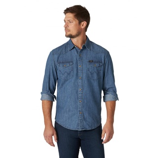 Wrangler Herren Iconic Regular Fit Snap Shirt Hemd mit Button-Down-Kragen, Mid Tint Denim, Klein