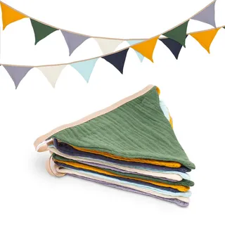 jijAcraft Wimpelkette Kinderzimmer, Doppelseitig Stoff Wimpelkette aus Musselin Baumwolle, 2,8M Bunt Stoffgirlande, Kinderzimmer Deko Mädchen & Jungen, für Hausbett, Babybett, Kinderbett, Wanddeko