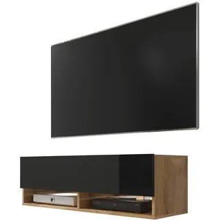 Selsey Wander - TV-Board/Fernsehschrank für Wohnzimmer hängend/stehend, optional mit LED, 100 cm (Holzoptik Wotan Eiche/Schwarz Hochglanz, mit LED)