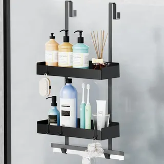 Wisfame Duschablage zum Hängen, Duschregal zum Hängen für Glasduschtüren, Shampoo Halterung für Dusche, Duschkorb Duschablage Ohne Bohren Schwarz mit 8 Haken, Edelstahl 65.5x30x11.2 cm