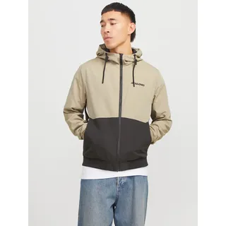 Blouson JACK & JONES "JJERUSH mit Kapuze", Herren, Gr. L, schwarz-weiß (coriander detail:schwarz, weiß blocking), Web, Obermaterial: 100% Polyester, slim fit normal, ohne Ausschnitt, Rippbündchen, Jacken Blouson, Kunstfaser, regular fit