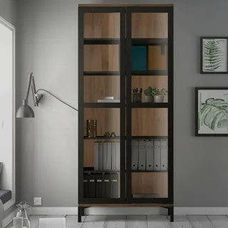Dmora - Vitrine Lisanne, Glas-Sideboard, Mehrzweckvitrine, Hängendes Bücherregal mit Glastüren, 89x36 h203 cm, Schwarz und Walnuss