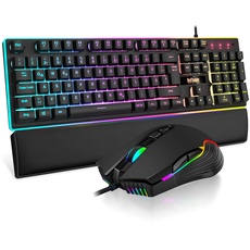 RedThunder K10 Gaming Tastatur und Maus Set, QWERTZ DE-Layout, Metallplatte und Handballenauflager,RGB-Hintergrundbeleuchtung und 7D mit Ergonomische für PC Gamer(Schwarz)