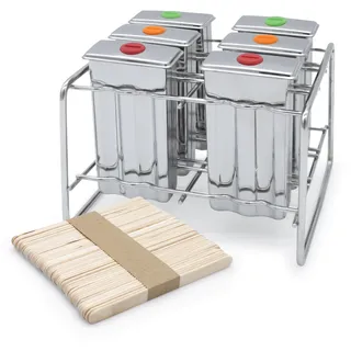 Eisformen aus Edelstahl wiederverwendbar inklusive 50 Holz Eisstiele - 6er Set - Popsicle Form mit Metall Ständer für Eis am Stiel - DIY Stieleis Wassereis Förmchen spülmaschinenfest umweltfreundlich