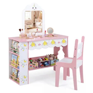 COSTWAY Kinderschminktisch, Schminktisch mit 2 Schubladen, Stuhl & Spiegel, Bücherregal & Ablagefach, Kosmetiktisch, Frisiertisch für Mädchen ab 3+ - Rosa, Weiß