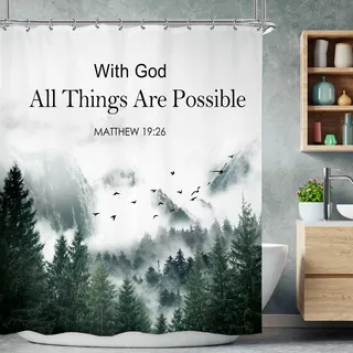 Riyidecor Duschvorhang, Motiv: Berg, Bibelvers, christlich, inspirierende Gottesworte, neblige Baumlandschaft, Landschaft, Herren, Badezimmer, Dekoration, Polyester, wasserdicht, 12 Haken