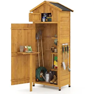 FANTASK Gartenschrank Holz, 76 x 51,5 x 178 cm, Gartenhaus Outdoor mit abschließbarer Scheunentür, Geräteschuppen mit klappbarer Seitentisch, Asphalt-Dach & Ablagen, Gartenhütte für Terrasse