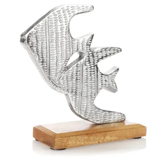com-four® Premium Aufsteller Fisch - Deko Fisch-Paar aus Metall auf Mangoholz-Sockel - Maritimer Metall-Fisch zum Hinstellen und Dekorieren (Fische - silberfarben)