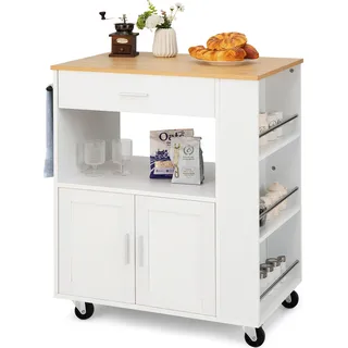 COSTWAY Küchenwagen auf Rollen, Servierwagen mit Arbeitsplatte, Handtuchhalter, 3 Gewürzregalen & Schublade, Kücheninsel Küchenschrank Holz Weiß - Weiß