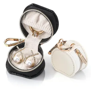 Solkraes 2 Stück Schmuckkästchen Reise, Schmuckaufbewahrungs Klein mit Schlüsselanhänger, Tragbare Schmuck Reiseetui fuir Damen, Mini Reise Schmuckbox für Ohrringe Ringe Halsketten (Beige&Schwarz)