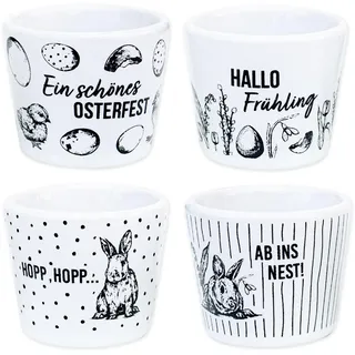 Papierdrachen - 4er Set Eierbecher Porzellan - Frühling & Ostern - mit Motiv innen - Osterdeko - Weiß Schwarz - Eierhalter