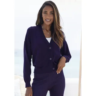 Strickjacke LASCANA, Damen, Gr. 32/34, blau (marine), Obermaterial: 50% Viskose, 28% Polyester, 22% Nylon, Basic, bequem hüftlang, Rippbündchen, Strickjacken Strickjacke, in kurzer Form, Loungewear