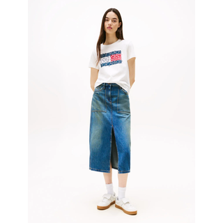 Jeansrock TOMMY JEANS "CLAIRE MIDI SKIRT UTILITY CI2037", Damen, Gr. 29, blau (denim medium), Denim/Jeans, Obermaterial: 100% Baumwolle, unifarben, ca. Mitte Wade, Röcke Jeansrock