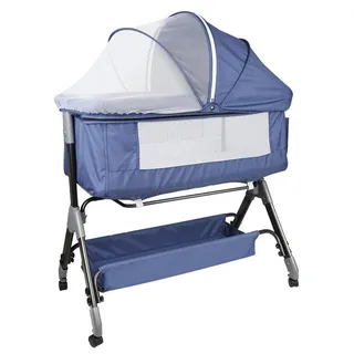 Babybett - Beistellbett/Co-Sleeper - Bis 9 kg - 4-fache Höhenverstellung - Neigefunktion - 4 Rollen mit Bremsen - Ergonomisch - Blau