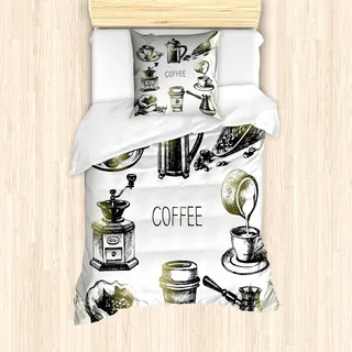 ABAKUHAUS Kaffee Mantele, Brewing Ausrüstung Doodle, Milbensicher Allergiker geeignet mit Kissenbezügen, 135 cm x 200 cm - 80 x 80 cm, Schwarz Gelb