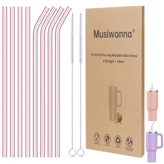 Rosa Glasstrohhalme 31cm Lange Durchmesser 1cm für Stanley Adventure Quencher Reisebecher 40oz, 8 Stück Bunt Ersatz Trinkhalme mit 2 Reinigungsbürsten, Wiederverwendbar Strohhalme, Stanley Cup Zubehör