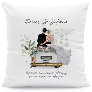 GRAVURZEILE Bedrucktes Kissen mit Konfiguration - Hochzeitsauto - Personalisiert mit Namen - Umfangreich anpassbares Motiv zum selbst gestalten - Persönliches Geschenk für das Brautpaar zur Hochzeit
