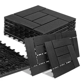 BAKAJI Set mit 11 WPC-Fliesen für Garten und Außenbereich, Terrasse, Balkon, Boden mit Wasserablauf, Klickmontage, wetterfest, geschlossenes Design (Anthrazit)