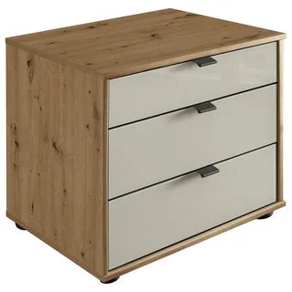Novel Nachtkästchen , Champagner, Eiche Bianco , Glas, Holzwerkstoff , 3 Schublade(n) Schubladen , 60x48x43 cm , ISO 9001, Goldenes M, Made in Germany , Typenauswahl , Holzmöbel, Holzbetten, Nachtkästchen Holz