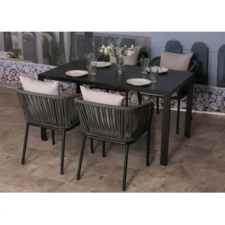 Gartengarnitur HWC-N41, Tisch+4xStuhl, wetterfest Alu 140x80cm, Seilgeflecht Rope anthrazit Kissen grau - Grau