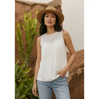 Spitzentop TAMARIS, Damen, Gr. 36, weiß, Single Jersey, Obermaterial: 95% Viskose, 5% Elasthan, unifarben, ausgestellt hüftlang, Rundhals, Tops Spitzentop, aus Viskose, Topseller