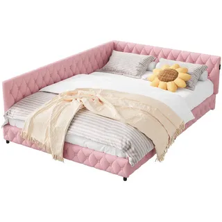 Tagesbett Polsterbett 140x200 cm, Rosa, LED-Beleuchtung und USB-Anschluss , Textil , Mode , 140x200 cm , Schlafzimmer, Betten, Polsterbetten