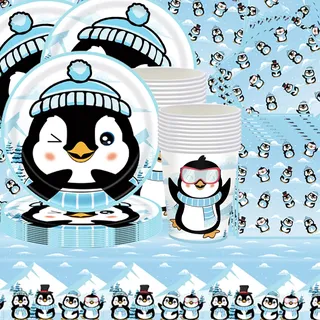 61 teiliges Pinguin Party Geschirrset, minimalistisches Design mit blauem Dekor, für Geburtstagspartys, Tischdecken, Pappbecher, Servietten, Pappteller, geeignet für 20 Gäste