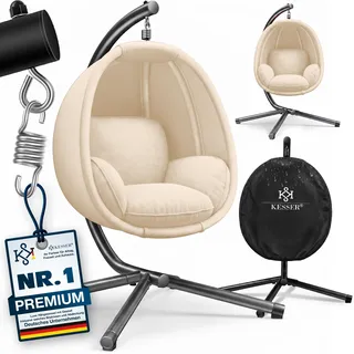 KESSER® Luxe Hängesessel mit Gestell + weicher Sitzkissen, Seitenpolsterung, Sitz- und Rückenkissen Hängekorb Indoor & Outdoor, Garten Schaukel Korb Hängestuhl Stabiler Standfuß, max. 150 kg - Beige