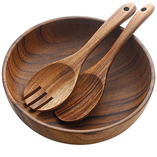 AOOSY Salatschüssel und Salatbesteck-Set, Akazienholz, 24,9 cm, Holz-Salatschüssel mit Holz-Servierlöffel-Set, Salat, Rührgabel und Löffel,Bowl schüssel Küchenutensilien-Set