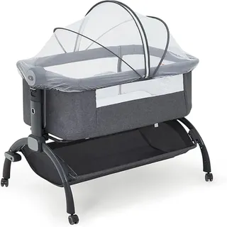 Baby Beistellbett Co-Sleeping - Stubenwagen - Rollen - Höhenverstellbar - Moskitonetz - Stauraumkorb - Grau