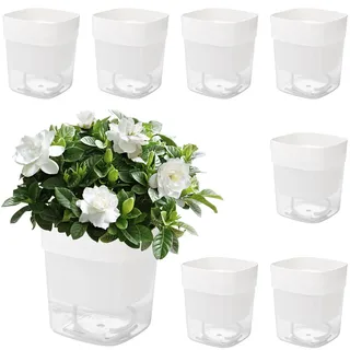 HEIYUET 8 Stück 12cm Weiß Selbstbewässerungstopf Klein, Blumentopf Selbstbewässernd Eckig, Selbstbewässernder Kräutertopf mit Bewässerungssystem, Selbstbewässernder Pflanztopf für Küchenkräuter