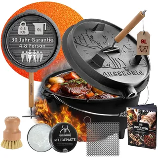 GUSSKÖNIG Premium Dutch Oven 9 Liter Set-2in1 Feuertopf Gusseisen mit Füßen | Thermometeröffnung, für 4-8 Personen, inkl. Deckelheber, Pflegepaste, Bürste, Ringreiniger, Rezeptbuch, 30J Garantie