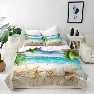 ANHOPE Tropischer Strand Bettwäsche 135x200 cm & 1 Kissenbezug 80x80 cm | Ozean Meeresküste Muscheln Seesterne Muster, Mikrofaser Bettbezug mit Reißverschluss, Ganzjahres-Bettwäsche-Set