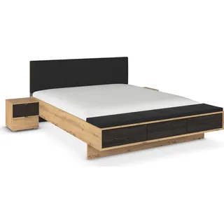 rauch Bettanlage "Bett Doppelbett Komfortbett Funktionsbett APOLLON" Liegefläche 180x200, optional mit Bettbank und Stauraum, 3 tlg. tlg. Polster-Kopfteil in Lederoptik black, 2x Nachttische MADE IN GERMANY, eiche artisan, schwarz oak