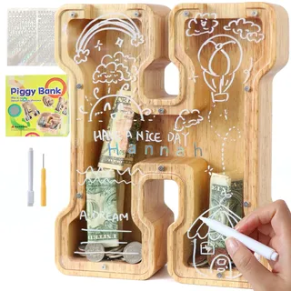 Lakpopya Spardose für Kinder Jungen Mädchen Sparschwein Kinder Spardose Personalisiert Durchsichtig Spardose Buchstabe Holz A-Z mit Zielbereich & Aufkleber & Marker, Taufe Geschenk Dekoration (H)