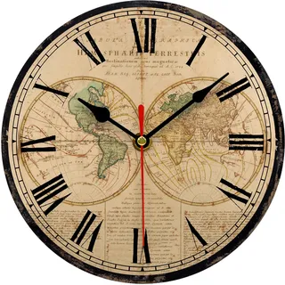 TAHEAT 20 cm Globe Weltkarte Wanduhr, Klein Vintage Landhausstil Uhr, Ohne Tickgeräusche Retro Wanduhren für Küche Wohnzimmer Schlafzimmer Badezimmer