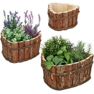 Relaxdays Blumenkasten Holz, 3er Set, Garten Deko zum Bepflanzen, Balkon und Fensterbank, Übertopf, 3 Größen, Natur