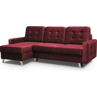 Skandinavisches Ecksofa VINCI mit Schlaffunktion, Velour Polsterecke universelle Schlafsofa (Rot) - Rot