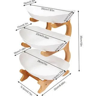 3-stöckige Obst-Etagere - Servierschalen-Set - Bambusständer - Yuanbao-Form - Lebensmittelechtes PP - Maße 22,5×14×32 cm - Holz/Weiß