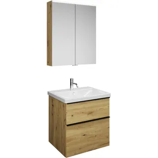 burgbad Eqio Set, bestehend aus Spiegelschrank, Keramik-Waschtisch und Waschtischunterschrank, Breite 650mm, SFAN065F5662C0001G0252, Farbe: Eiche Dekor Urban / Eiche Dekor Urban, Griffleiste Schwarz