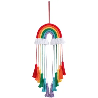 Regenbogen-Wandbehang Dekoration – Baumwollseil Regenbogen Makramee Wandschmuck Boho Tapisserie mit Quasten für Kinderzimmer Zimmer Dekor Haarspange Aufbewahrungsanhänger