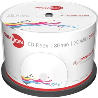 PrimeOn CD-R 80Min/700MB/52x Cakebox (50 Disc), photo-on-disc Surface, Inkjet Fullsize Printable