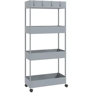 Homcom Rollwagen, mit 4 Ebenen, Aufbewahrungsregal mit Rollen, Servierwagen mit Bremsen, Küchenregal für Schlafzimmer, Küche - Grau,