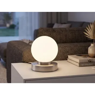Kleine Tischlampe mit Glaskugel Weiß Ø12cm - LED per Touch stufenweise dimmbar - Weiß, Silber